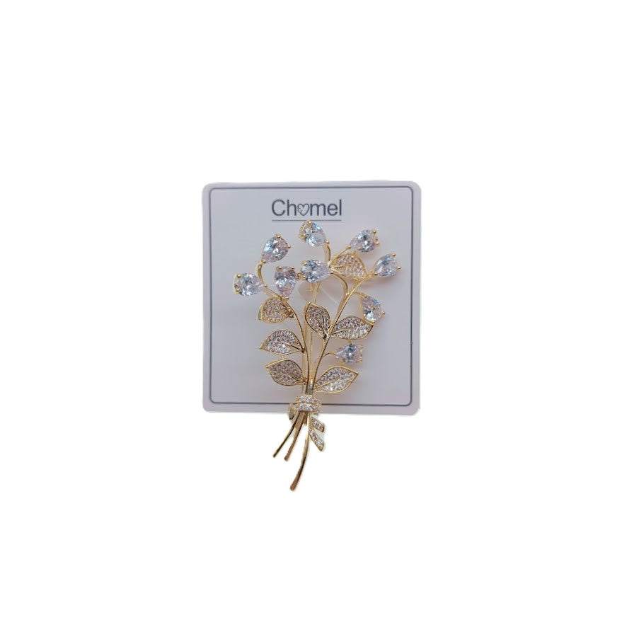 Gold-plated leaf bouquet cubic zirconia brooch with C clasp closure, 3.9cm x 6cm.