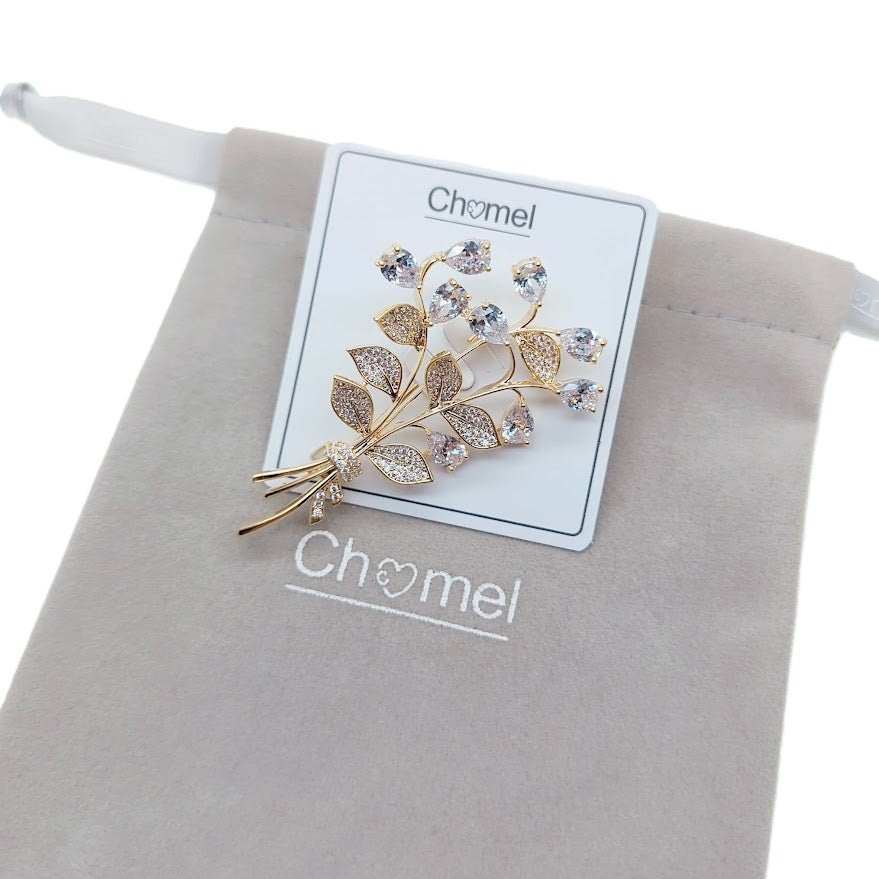 Gold-plated leaf cubic zirconia brooch with bouquet design and pin clasp closure