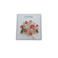 Flower bouquet Cubic Zirconia Brooch with red, pink and white enamel blossoms, sparkling stones and green leaves on a gold-tone stem.