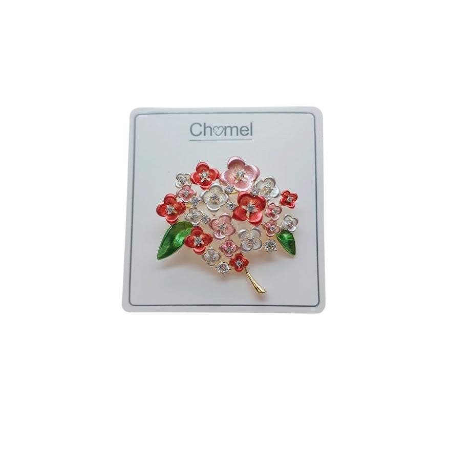 Flower bouquet Cubic Zirconia Brooch with red, pink and white enamel blossoms, sparkling stones and green leaves on a gold-tone stem.