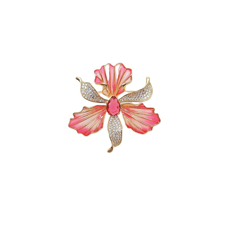 Cubic Zirconia Brooch featuring a pink and gold orchid with sparkling stone-encrusted petals and a central pink gem.
