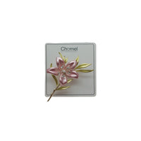 Cubic Zirconia Brooch with a pink enamel flower, clear sparkling accents, and slender gold-tone leaves and stem.