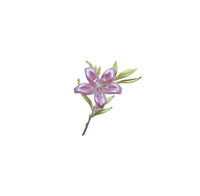 Cubic Zirconia Brooch with a lavender-pink enamel flower, clear sparkling accents, green enamel leaves and a slim stem.