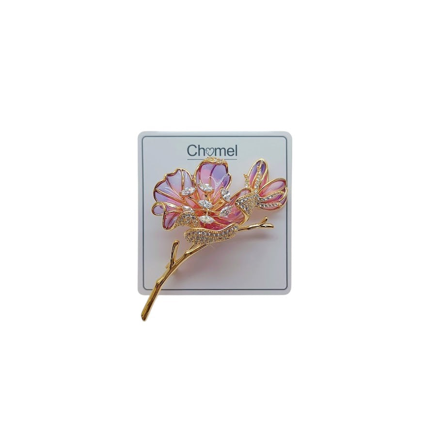 Cubic Zirconia Brooch featuring two pink and purple enamel flowers, sparkling crystal accents, and a gold-tone twig stem.