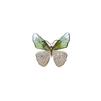 Butterfly cubic zirconia brooch with translucent green enamel upper wings, sparkling clear lower wings and gold-tone edging.