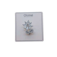 Flower cubic zirconia brooch with rhodium plating and pin clasp in floral design