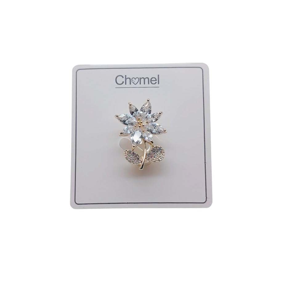Flower cubic zirconia brooch with gold plated finish and delicate floral design