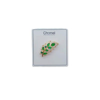 Gold plated maple leaf cubic zirconia brooch with green stones and C clasp closure