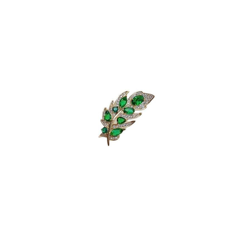 Gold plated maple leaf cubic zirconia brooch with green stones and C clasp closure
