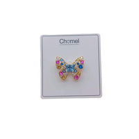 Gold plated butterfly cubic zirconia brooch with vibrant coloured stones and C clasp closure