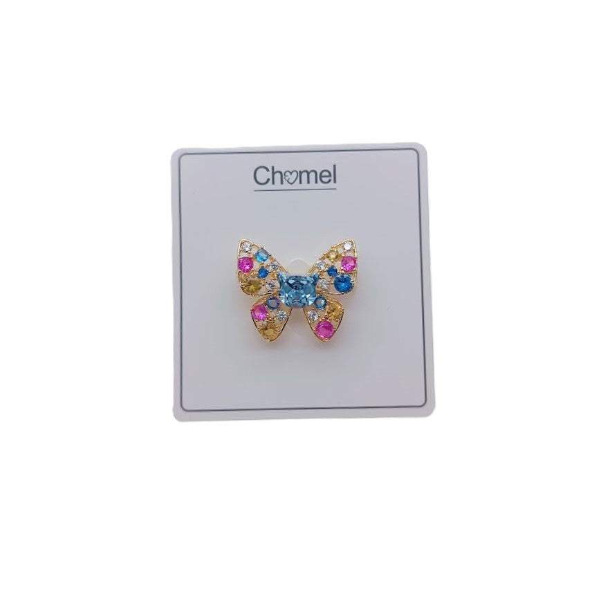 Gold plated butterfly cubic zirconia brooch with vibrant coloured stones and C clasp closure