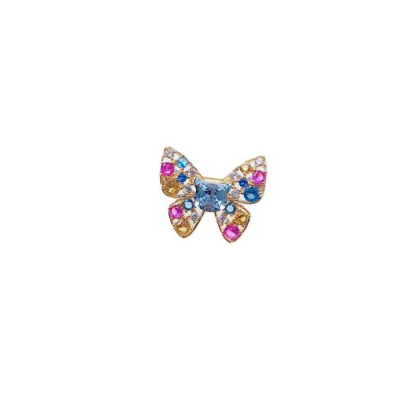 Gold plated butterfly cubic zirconia brooch with colored stones and pin clasp closure