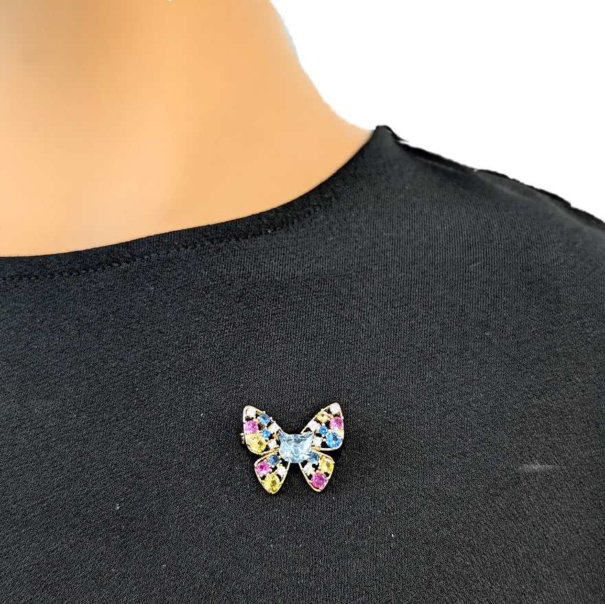 Gold plated butterfly cubic zirconia brooch with vibrant coloured stones and pin clasp closure