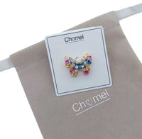 Gold plated butterfly cubic zirconia brooch with coloured stones and pin clasp closure