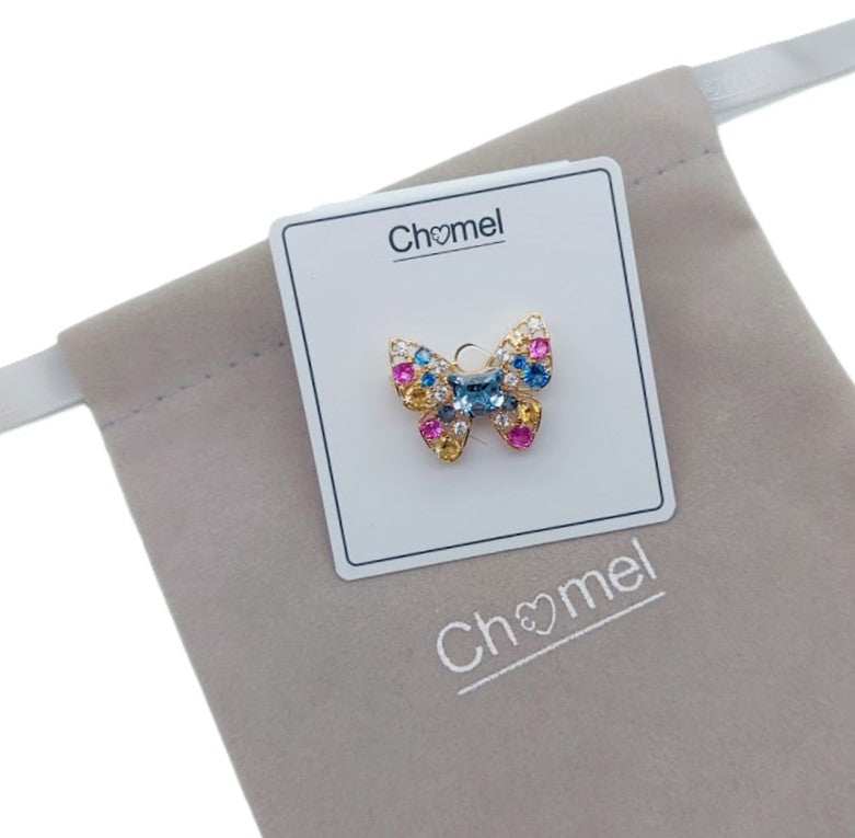 Gold plated butterfly cubic zirconia brooch with coloured stones and pin clasp closure