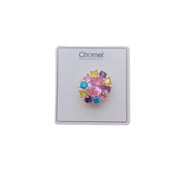 Gold plated oval cubic zirconia brooch with colourful stones and C clasp closure