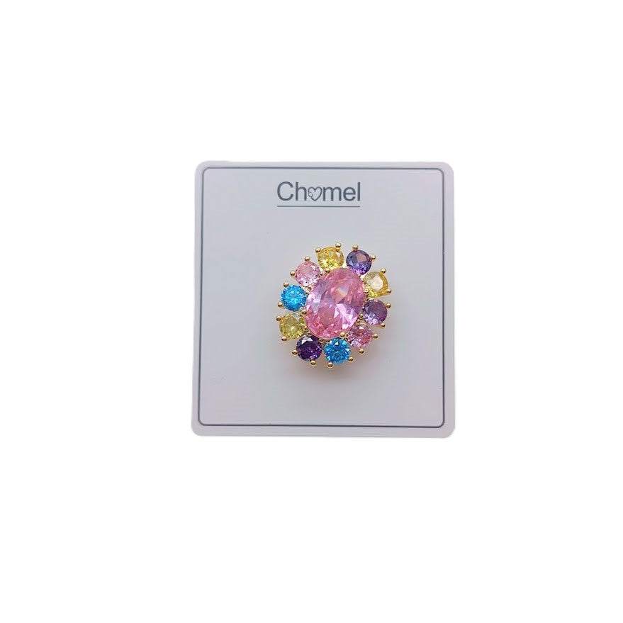 Gold plated oval cubic zirconia brooch with colourful stones and C clasp closure