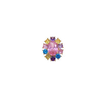 Gold plated oval cubic zirconia brooch with colored stones and C clasp closure