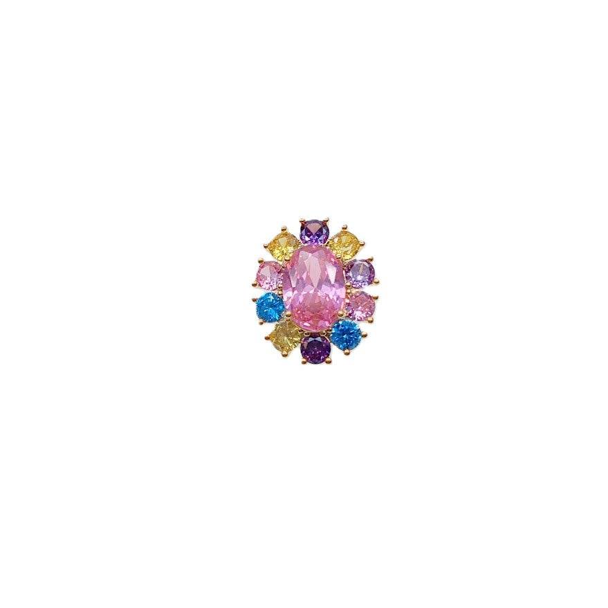 Gold plated oval cubic zirconia brooch with colored stones and C clasp closure