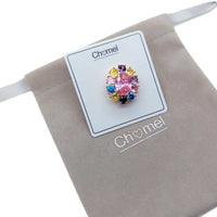 Gold plated oval cubic zirconia brooch with coloured stones and C clasp closure