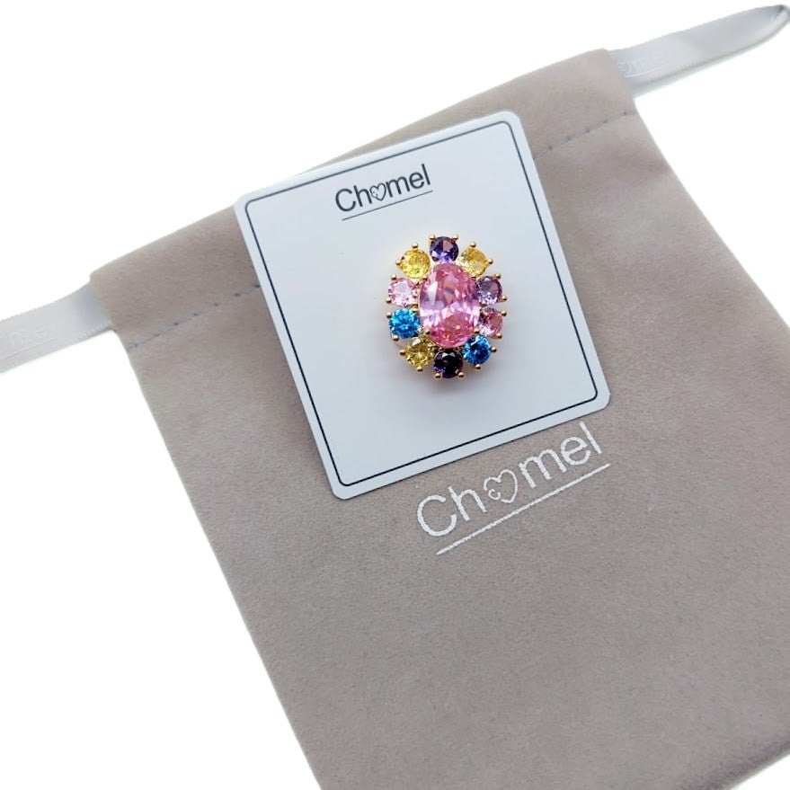 Gold plated oval cubic zirconia brooch with coloured stones and C clasp closure