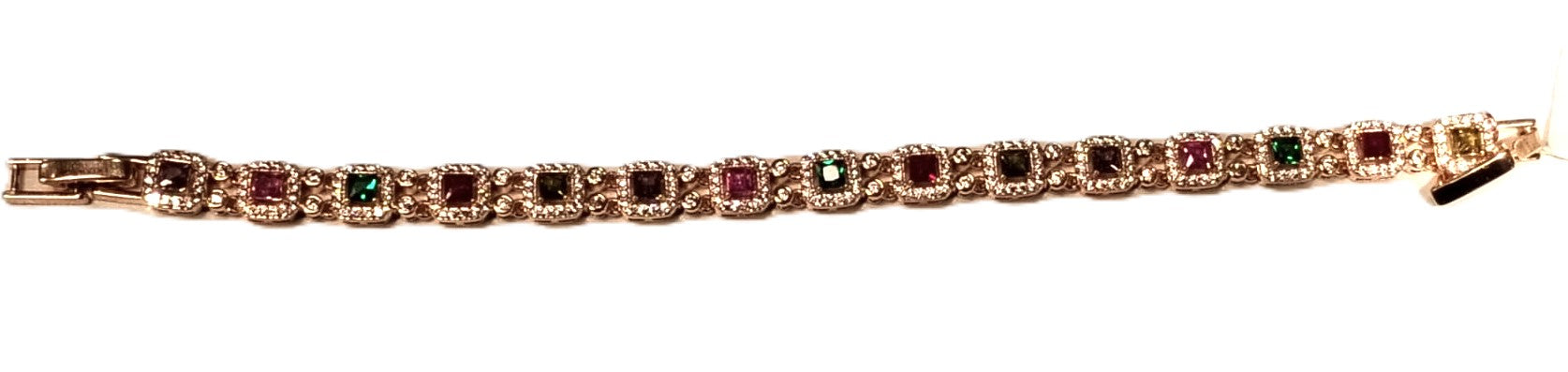 Cubic zirconia bracelet with 5mm colorful square stones and rosegold plated finish