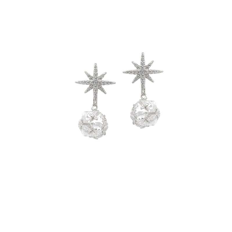 Starburst cubic zirconia clip-on earrings with rhodium plating and faceted ball drop