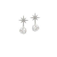 Starburst cubic zirconia clip-on earrings with rhodium plating and faceted ball drop