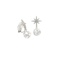 Starburst cubic zirconia clip-on earrings with rhodium plated finish and faceted ball drop