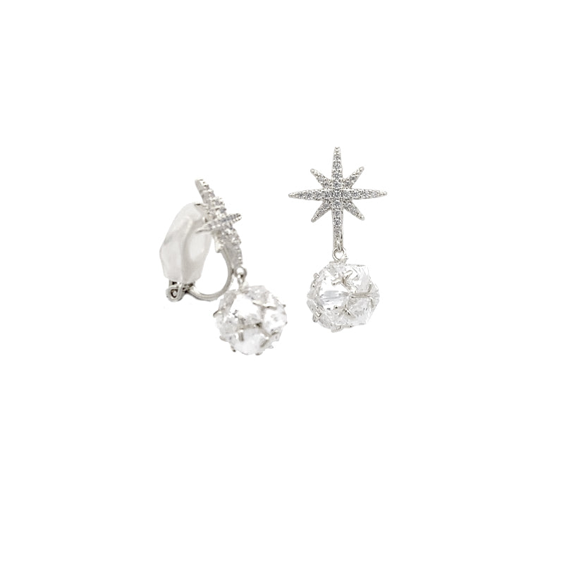 Starburst cubic zirconia clip-on earrings with rhodium plated finish and faceted ball drop