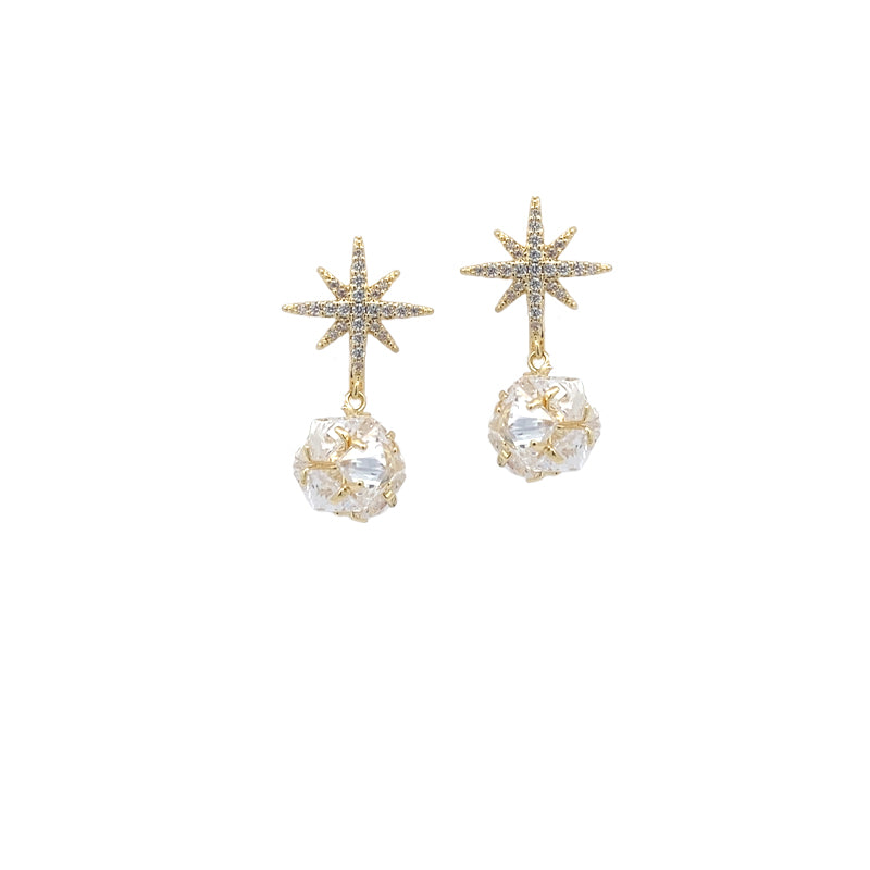 Gold plated starburst cubic zirconia clip-on earrings with faceted ball drop