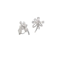 Cubic zirconia flower bouquet clip-on earrings with rhodium-plated finish and ribbon detailing