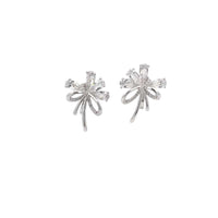 Cubic zirconia flower bouquet clip-on earrings with ribbon detailing and rhodium-plated finish