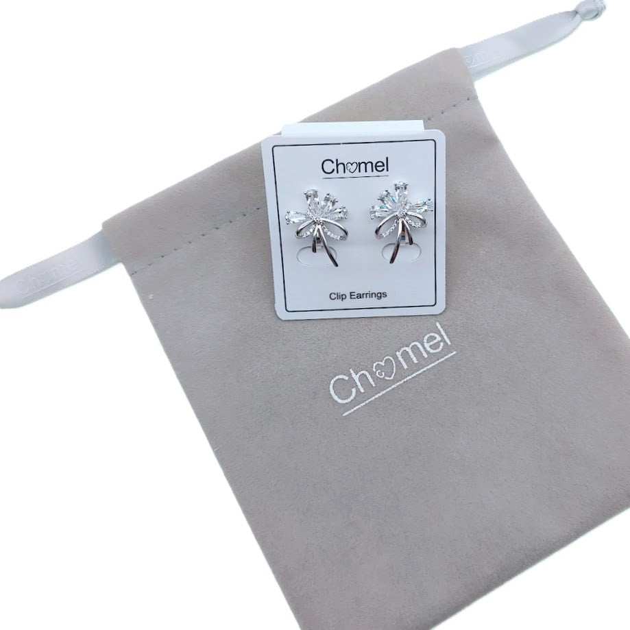 Cubic zirconia flower bouquet clip-on earrings with ribbon detailing and rhodium-plated finish