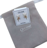 Gold-plated butterfly cubic zirconia clip-on earrings with dangling butterfly and teardrop solitaire drops