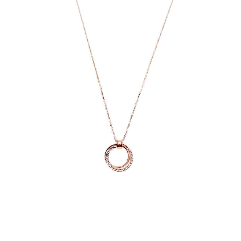 Rosegold interlocking cubic zirconia necklace with three 15-16mm rings on adjustable chain