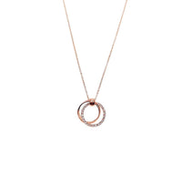 Interlocking cubic zirconia necklace with three rosegold-plated rings on an adjustable chain