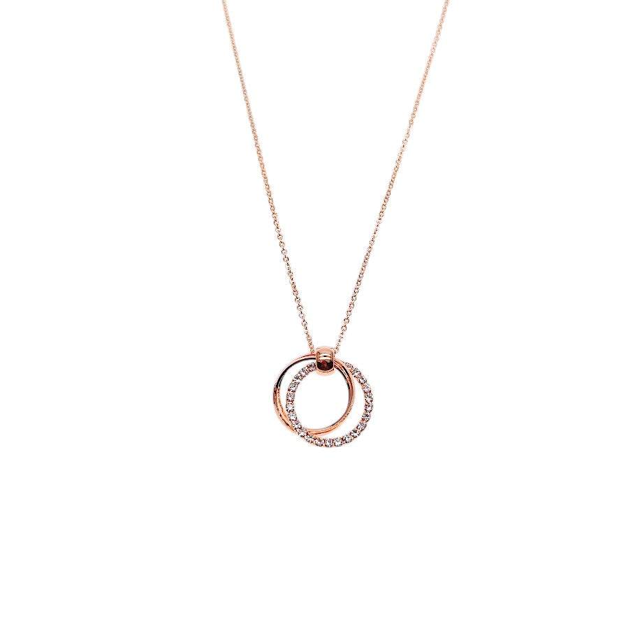 Interlocking cubic zirconia necklace with three rosegold-plated rings on an adjustable chain