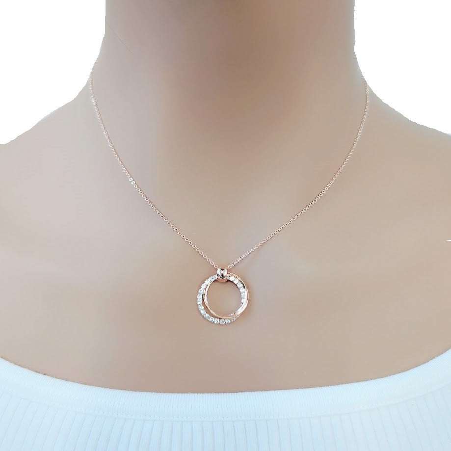 Interlocking cubic zirconia necklace with three rosegold-plated rings pendant on adjustable chain