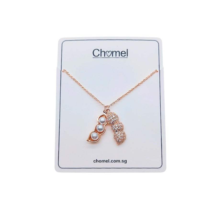 Rose gold peanut cubic zirconia necklace with three simulated pearls pendant