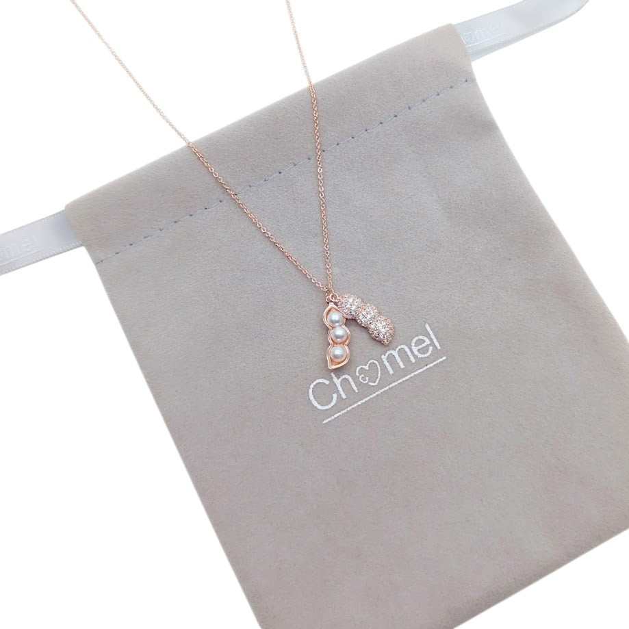 Rose gold peanut cubic zirconia necklace with three simulated pearls pendant on adjustable chain