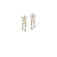 Gold-plated flower cubic zirconia clip-on earrings with dangling solitaire and silicone backings for comfort