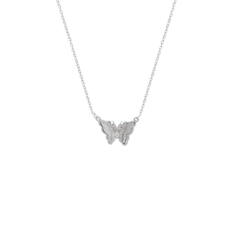 Butterfly mother of pearl necklace with cubic zirconia accents on adjustable rhodium plated chain