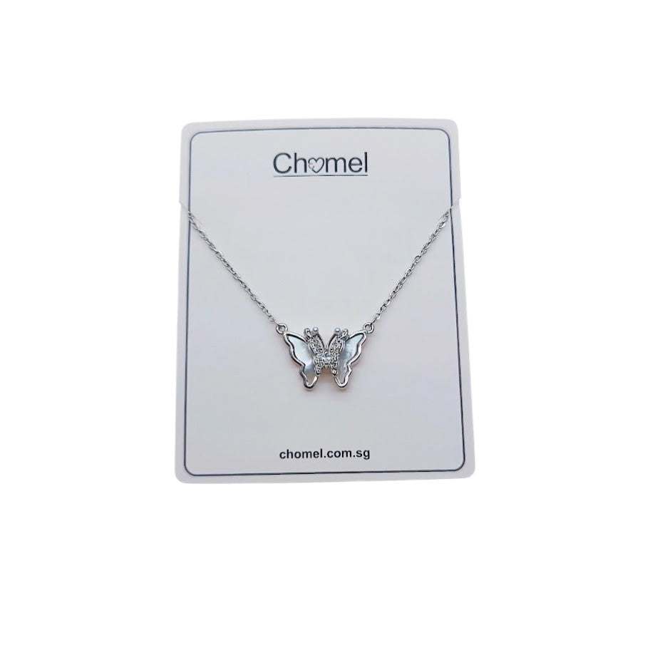 Butterfly mother of pearl necklace with cubic zirconia and rhodium plating on adjustable chain