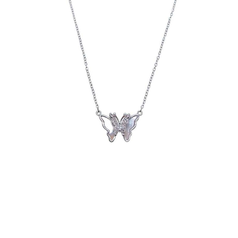 Butterfly mother of pearl necklace with cubic zirconia and rhodium plating on adjustable chain