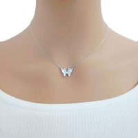 Butterfly mother of pearl necklace with cubic zirconia and rhodium plating on adjustable chain