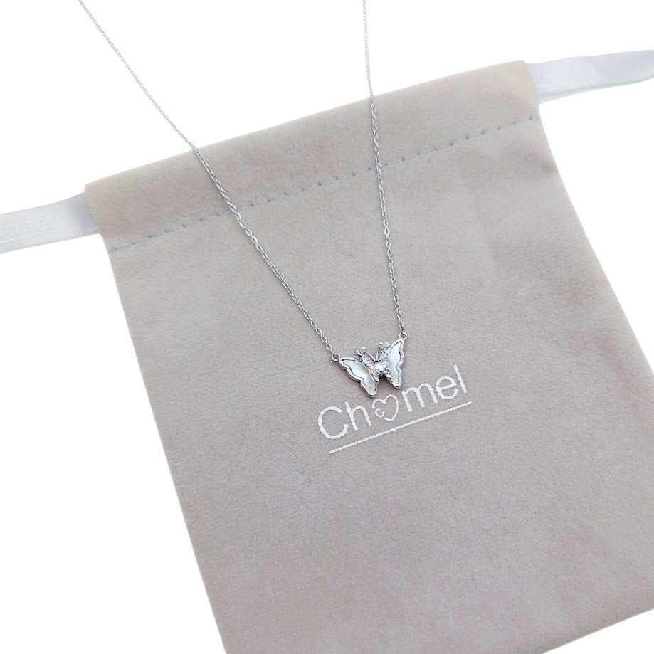 Butterfly mother of pearl necklace with cubic zirconia and rhodium plating on adjustable chain