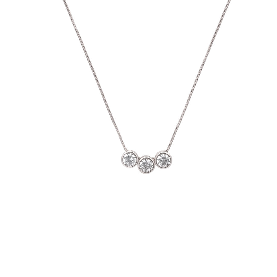 Cubic zirconia necklace with three moveable round solitaire pendants on rhodium plated chain