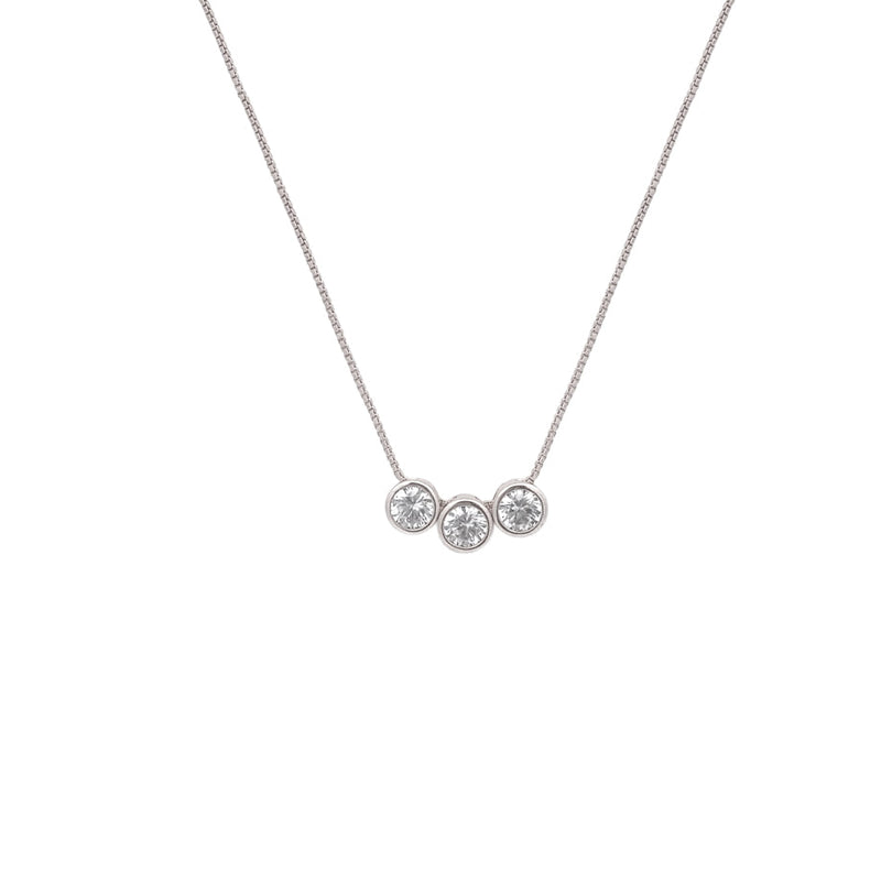 Cubic zirconia necklace with three moveable round solitaire pendants on rhodium plated chain