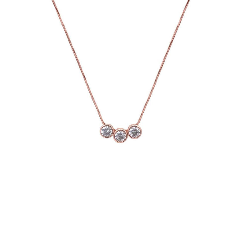 Rose gold plated cubic zirconia necklace with three moveable round solitaire pendants on fine chain